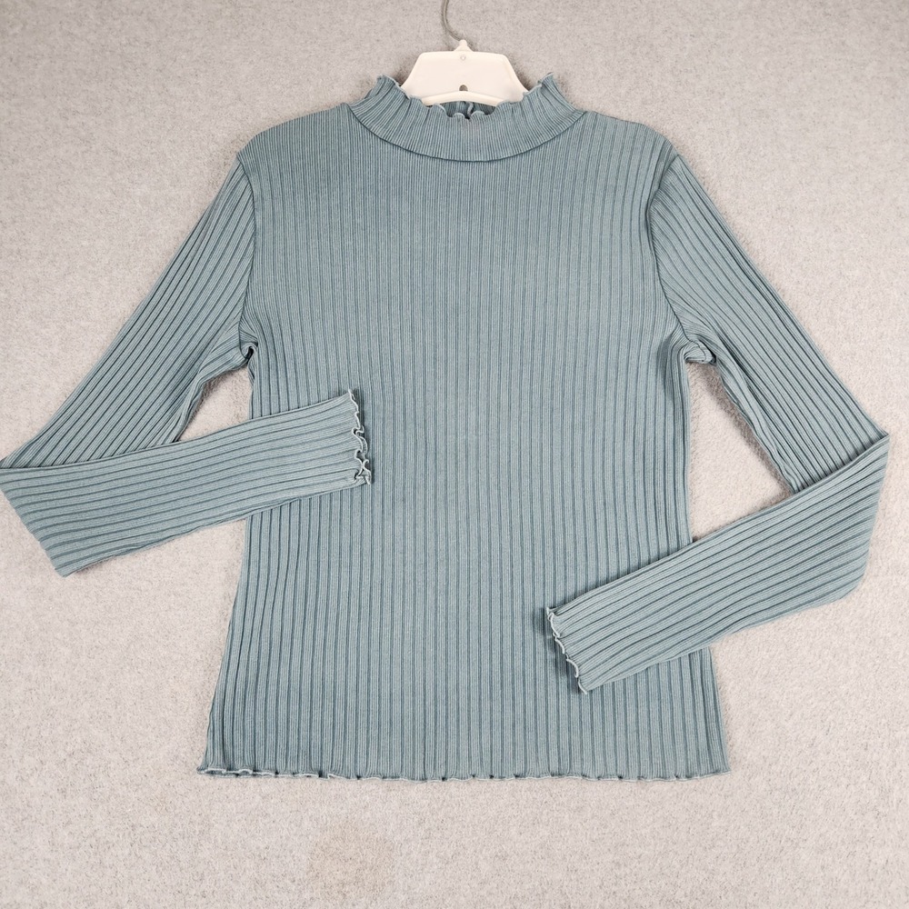 SO Knit Top Womens Large Blue Ribbed Lettuce Edge Long Sleeve Mock Neck Pullover